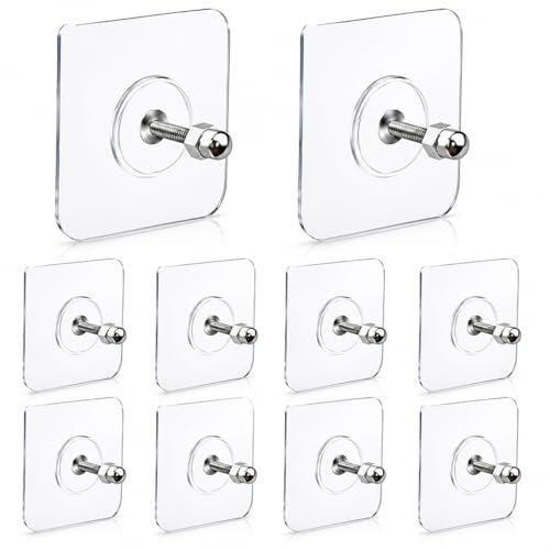 Image of BRAND VILLA Self-Adhesive Stainless Steel Screw Hooks, Waterproof & Oilproof Wall Screw Hooks without Drilling Nail Hook for Bathroom Kitchen Keys Door Outdoor Home Improvement Utility Hook (Pack- 10)