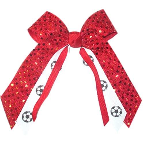 Soccer Sequin Hair Bow, Made in the USA, White Pony Band, many colors (Red)