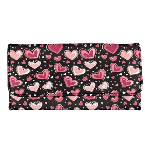 Image of AFPANQZ Love Heart Print Women's PU Leather Three Fold Wallet, Long Trifold Clutch Purse, Credit Card Money Organizer with ID Window