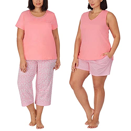 Image of Carole Hochman Women's 4-Piece 100% Cotton Pajama Set - V-Neck T-Shirt, Tank, Capri Pants & Shorts with Drawstring & Pockets