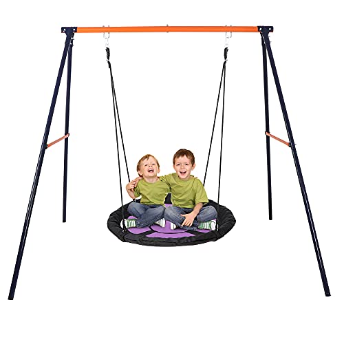 SUPER DEAL 40 Kids Web Tree Swing Saucer Swing Set Combo - 40 Purple Web Tree Swing + Heavy Duty A-Frame Metal Swing Set, Resilient and Resistant to All Types of Weather