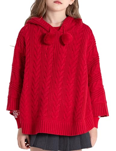 Image of BOBOYOYO Cape for Girls Hooded Cable Knit Poncho Sweaters Kids Shawl