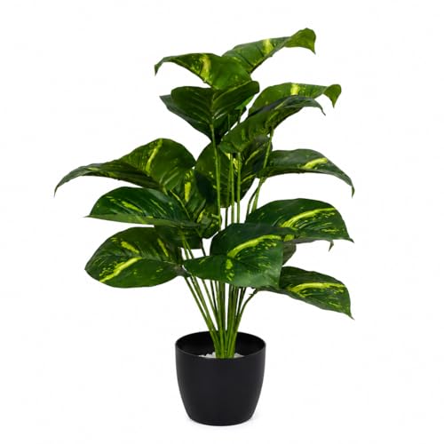 Image of Artificial Calathea Orbifolia Plant with Black Pot - 75 cm Tall Faux Tropical Decorative Plant with 18 Leaves for Home, Office, Balcony & Living Room Decor