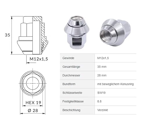 Doo Engy Radmuttern Kegelbund Alu Felgen M12x1,5 Mutter Radbefestigung für Focus MK2 MK4 MK1 Mondeo MK3 Fusion Granada KA RUB Kuga 3 2 1
