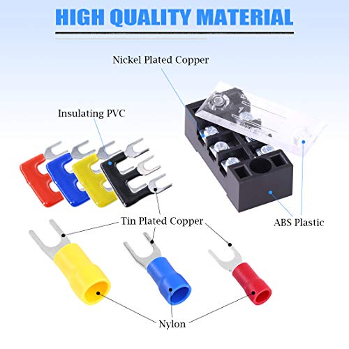 Glarks 70Pcs(5Sets) Terminal Block Set, 5Pcs 3 Positions 600V 15A Dual Row Screw Terminals Strip + 5Pcs Pre-Insulated Barrier Strips + 60Pcs Insulated Fork Wire Connector (3P+Fork Connector)