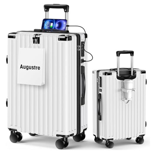 [Augustre] スーツケース 機内持ち込み 超軽量 キャリーケース 大型 軽量 多機能 キャリーバッグ 静音 耐衝撃 ダブルキャスター S/M/Lサイズ カップホルダー付 USB充電機能 隠しフック機能 360度回転 TSAローク搭載 ファスナー式 旅行 ビジネス 出張 (ホワイト, L（7泊~長期旅行/95L）)