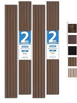 Mollywell Wood Panels for Wall, Time-Saving Installation, Versatile Wood Slat Wall Decor, Enhanced Acoustic & Sound Proof Fluted Design for Home & Office, 2 Pcs Teak, 94.5x12.5 Inch