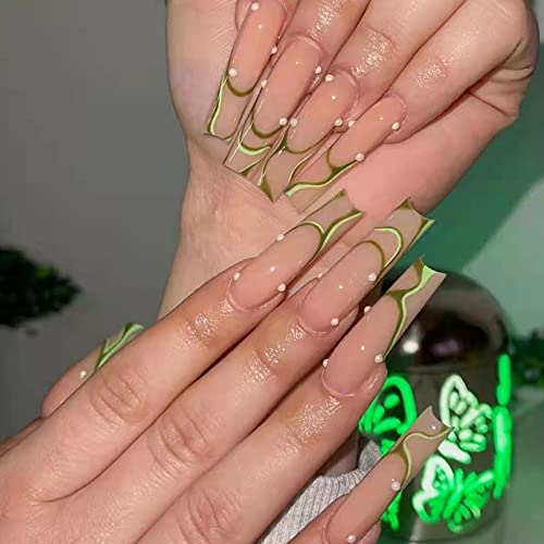Misud Long Press On Nails Coffin Fake Nails Matte False Nails Ballerina Pearl Glue On Nails Green Line Acrylic Nails With Design Full Cover French Nails #TOP18