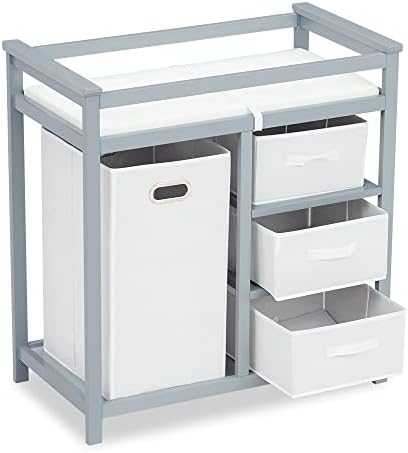 FIZZEEY Changing Table - Baby Changing Table, Diaper Changing Table, Changing Table Station Dresser with Laundry Hamper, 3 Drawer Basket and Changing Pad, Grey