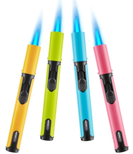Urgrette 4 Pack Spring Colors Torch Lighter, 6-inch Refillable Pen Lighters Jet Flame Butane Lighters for Grill BBQ Candlek Camping (Gas Not Included)