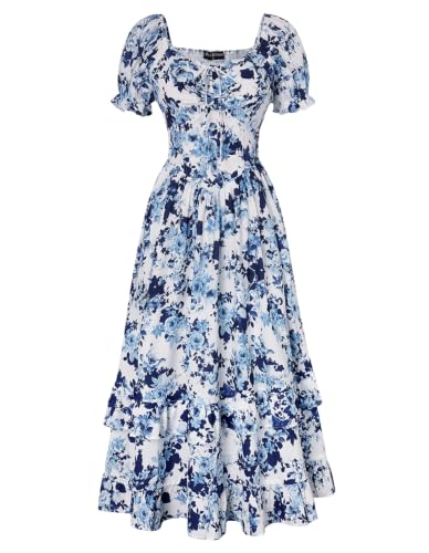Image of Scarlet Darkness Women Floral Maxi Dress Puff Sleeve Tea Party Corset Dress | Pockets, Ruched Bust, Ruffled Hem, for Cottagecore Fairy Milkmaid Vacation