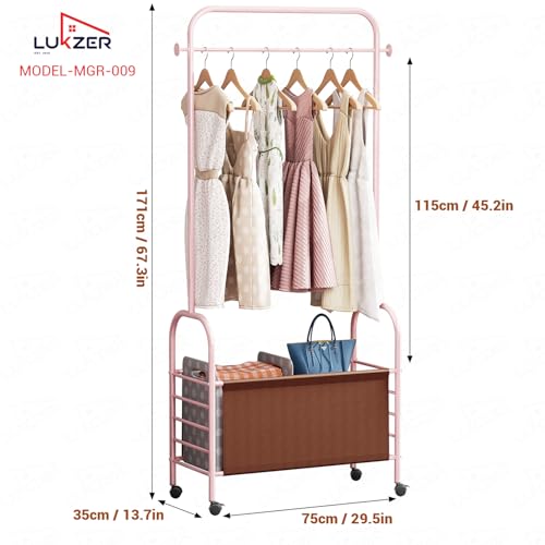 Image of Lukzer | MGR-009 | Pink | Metal Clothes Rail Stand with 360 Rotating Wheels & Leather Storage Bin - 4 Hook Garment Rack Organizer for Bedroom, Closet, Laundry Room, Dormitory | 171 x 75 x 35 cm
