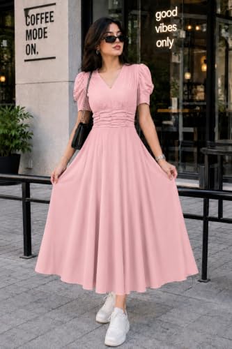 Image of Preneum Girl's & Women's Solid Color V-Neck A-Line Maxi Dress for Women | New Year Party Outfit | Waist Cinched Puff Sleeve Western | Elegant Casual Wear (Availble in Plus Size)