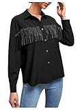 SweatyRocks Women's Long Sleeve Button Front Chiffon Blouse Fringe Trim Shirt Top Black XL