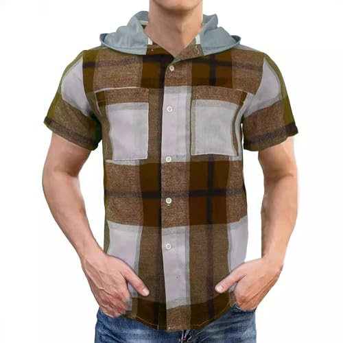 Hoodies for Men Plaid Short Sleeve Button Down Hooded Shirt Casual Short with Two Pocket
