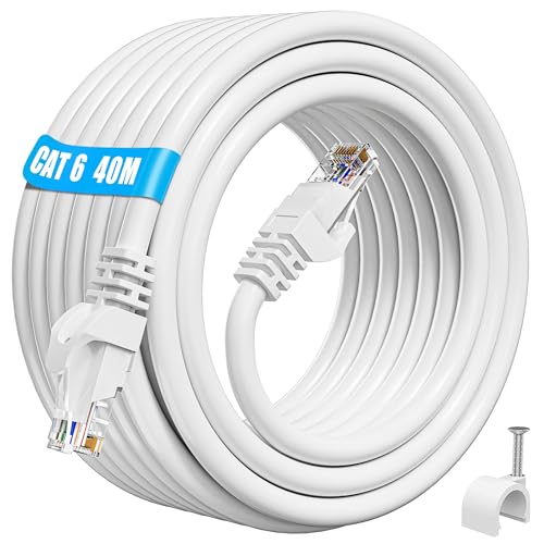 ikbc Cable Ethernet 40 metros, Cat 6 Cable de Red Alta Velocidad Cable RJ45 40m Exterior Interior, 23AWG Gigabit Cable de Internet 40 metros para PS5/4 Rúter (40 Clips)