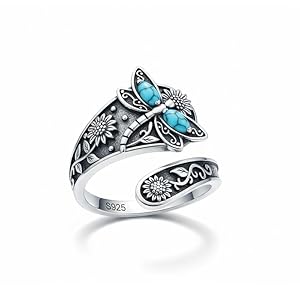 Women's Vintage Dragonfly Turquoise Ring, 925 Sterling Silver Bohemian Adjustable Opening Ring, Fashion Jewelry For Daily And Party Wear, Romantic Gift For Her