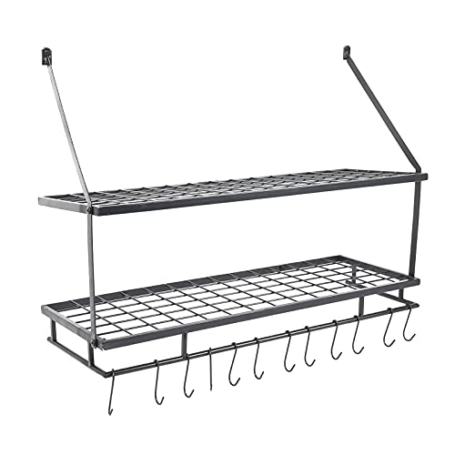 Cuisine Support Mural, Étagère industrielle de 76 cm avec 12 crochets, Porte-Casseroles Mural de Suspension, pour Ustensiles Support de Pot en Acier Inoxydable 55x25x76cm