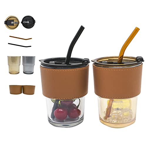JAMBOS 2Pcs Biergläser mit Deckel und Strohhalm | Eiskaffee Tassen Smoothie Tassen mit Deckel und Strohhalm | 500ml Boba Tassen und Deckel und Stroh Reise Becher & Becher | Auslaufsicher und langlebig Cover