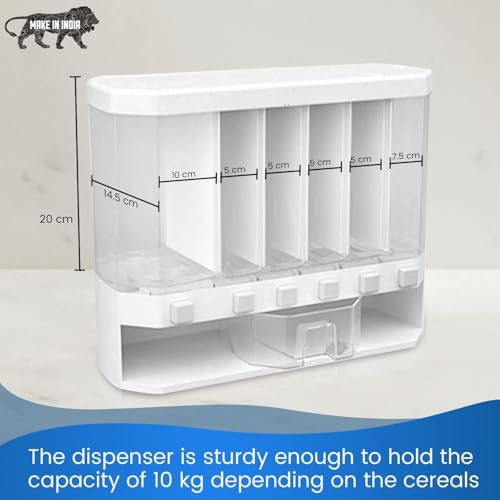 Image of 6 in 1 Wall-Mounted Grain Dispenser For Kitchen Storage Containers Organizers Box for Cereals, Pulses, Multigrain Pulses Dal Grain & Dry Food with Press Flow Control & Measuring Cup | 10 Kgs Capacity