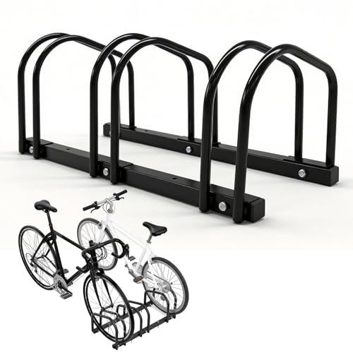 H HUGELEAF Bike Rack Floor Stand Parking for 3 Bikes,Ideal Bike Storage Organizer for Mountain & Road Bikes with 22-28