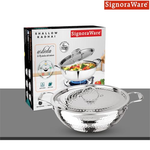 Image of Signoraware Artista Tri Ply Stainless Steel Hammered Deep Kadhai 26cm with Steel Lid | Elegant Finish | Even Heat Distribution | Ideal for Deep Frying & Daily Indian Cooking Needs (4 LTR | Steel)