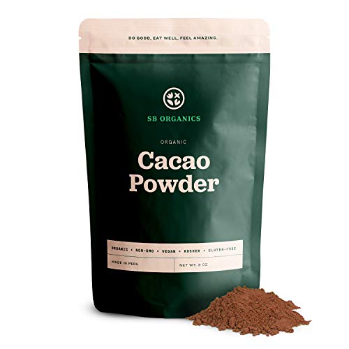 SB Organics Cacao Powder - 8 oz Bag of Organic Non-GMO Vegan Kosher Unsweetened Peruvian Cocoa Powder - Free of Gluten, Dairy, and Soy