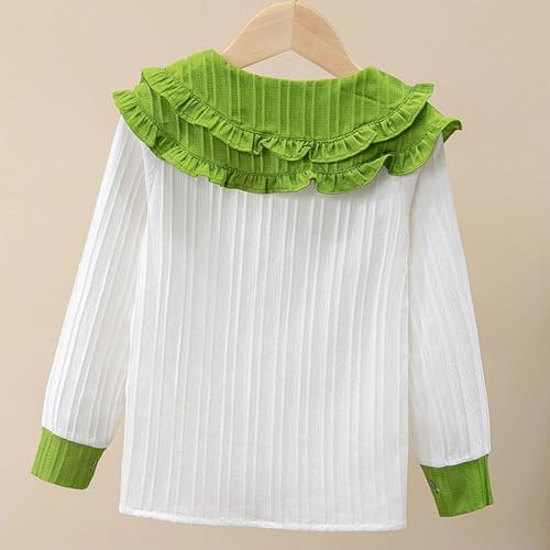 Girls Color Block Ruffle Big Collar Shirt Cute Button Down Long Sleeve Blouse Comfy Cotton Top for 3-13 Years3