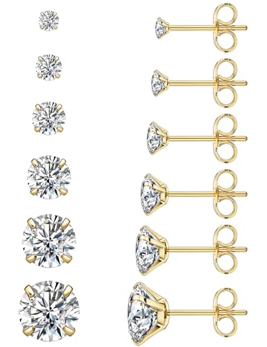 6 Pairs Stud Earrings Hypoallergenic Cubic Zirconia 316L Earrings Stainless Steel CZ Earrings Set...