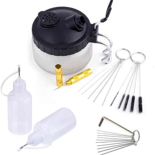 Poweka Airbrush Reinigungsset mit 5 Reinigungsbürsten, 5 Reinigungsnadeln, Reamer,Airbrush-Reinigungstopf Airbrush Reiniger, Tropfflaschen