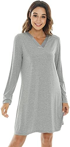 NACHILA Women's Bamboo Nightgowns Long Sleeve Sleepwear V Neck Night Shirt Soft Sleep Dress Heather Grey M
