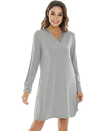 Nachila Women's Bamboo Nightgowns Long Sleeve Sleepwear V Neck Night Shirt Soft Sleep Dress Heather Grey M #TOP8