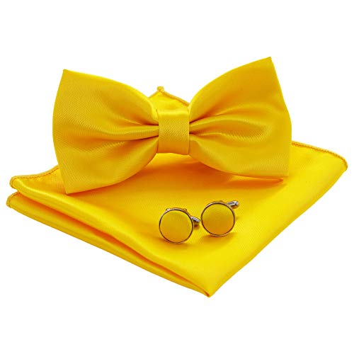 JEMYGINS Noeud Papillon Homme Jaune en Soie Satin Double Pli Mariage école fête et Boutons de Manchette et Carré de poche Ensemble Compris boîte(9)