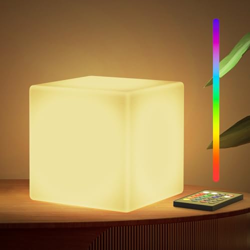 LOFTEK 7-inch LED Cube Night Lights: Rechargeable RGB 16 Colors Changing Light with Remote Control, IP65 Waterproof Cordless Table Lamp Night Light for Home Bedroom, Adults Kids Room Décor
