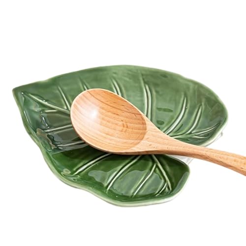 Leaf-shaped Ceramic Spoon Holder - Green Decorative Spoon Rack | Ceramics Heat Resistant Kitchen Decor | Glazed Ceramic Material