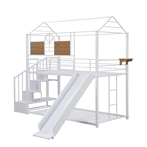 Merax Twin Over Twin Metal House Bunk Bed With Slide And Storage Stair, No Box Spring Needed, White #TOP5