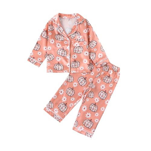 Fsadfeas Kids Girls Satin Pajamas Baby Halloween Pajamas Pumpkin Floral Button Down Tops And Long Pants Satin Fall Sleepwear (Orange Pumpkin Daisy, 18-24 Months)