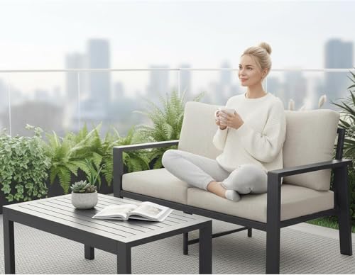 Image of Outdoor Loveseat with Coffee Table Small Furniture Aluminum Patio Love Seat Couch Outdoor Chairs with 4 inch Cushion Loveseats Sofa for Poolside,Balcony,Deck,Yard