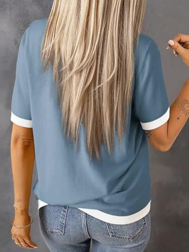 Image of Womens Sweaters Casual Crewneck Short Sleeve Striped Color Block Knitted Cotton Trendy Pullover Sweater Tops