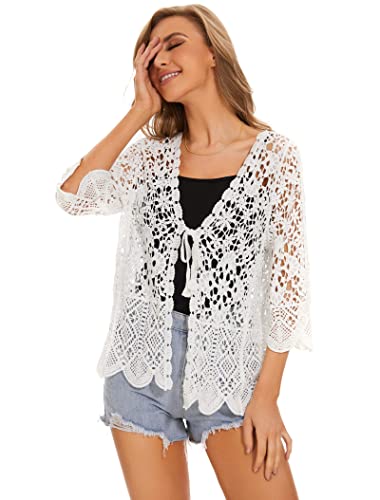 Women's Cotton Casual Floral Lace Crochet 3/4 Sleeve Cardigan Boho Cover Up4