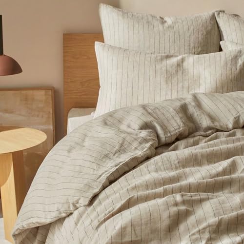 Image of mixinni 3 Piece Striped Duvet Cover Set, Neutral Washed Cotton Linen Blend Bedding, Vintage Stripe Comforter Cover with 2 Pillowcases, Soft Breathable Farmhouse Bed Set for All Season-Queen Size