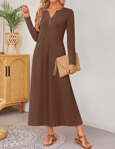 ZESICA Fall Long Sleeve Dressy Casual Maxi Dresses for Women 2025 Elegant Classy V Neck Flowy Tshirt Dress with Pockets2