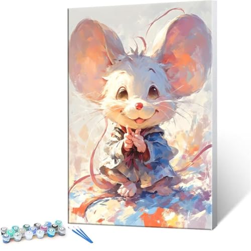 DIY 数字油絵 漫画 ネズミ Paint by Numbers 塗り絵 キット 大人 数字ぬりえ 子供の用数字塗り絵キャンバスクラフト数字 キャンバスアート ブラシとアクリル絵の具が入, インテリア リビング装飾, 女性へのギフト 20x30cm (フレ