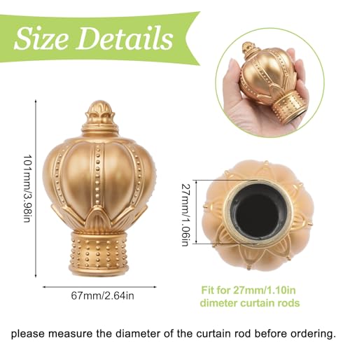 UFURMATE Curtain Finials, 6Pcs Gold Plastic Drapery Rail Pole Head Cap Decorative Window Curtain Rail End Curtain Rod Pole Finials Ends, Fits Dia. 27mm/1.1in Curtain Rods (Crown Shape)