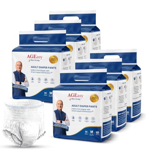 Image of AGEasy (Max Group) Unisex Adult Diaper Pants | M (Waist 24-45 inches) | 60 Units | 12-Hours of Dryness & Comfort | Gel-Lock Absorption | Anti-Sag, Antibacterial Hygiene | Invisible Fit, Odor Control