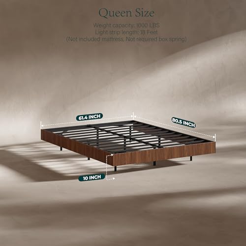 Image of Evermagin Walnut Queen Floating Bed Frame with led Lights, Fluted Platform Bed No Headboard, Heavy Duty Mid Century Modern Float Metal Bedframe, No Box Spring Needed (Walnut, Queen-10in high)