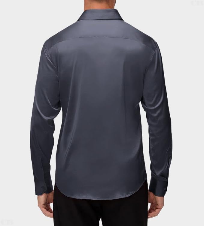 Image of CB-COLEBROOK Mens Stylish Solid Silk Satin Casual Dress Shirts for Men Shiny Long Sleeve Button Down Shirt Party Prom Wedding Shirt for Mens