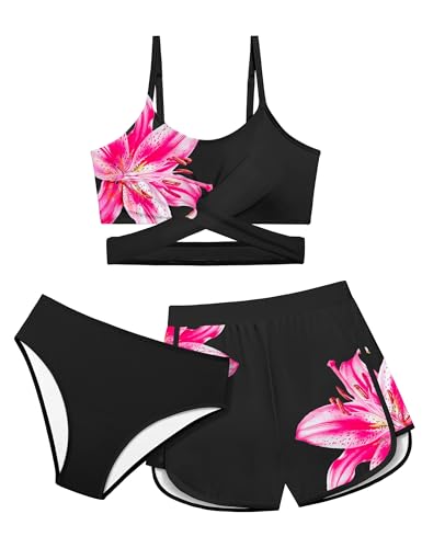 Image of Girls Swimsuit 3 Piece Bathing Suit Criss Cross Bikini Set Girls' Swimwear with Shorts 7-16T
