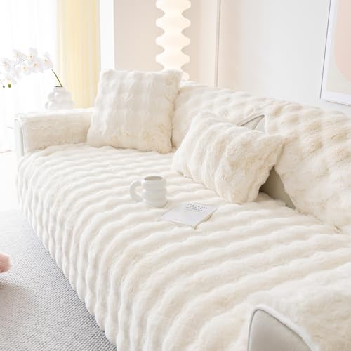 Alishomtll Plüsch Sofabezug Ecksofa 1/2/3/4 Sitzer, Universelle rutschfeste Sofa Überzug, L Form Couch Überzug Sofaschoner, Waschbar Sofaüberwurfe Sofadecke für Wohnzimmer, Beige 90x180cm