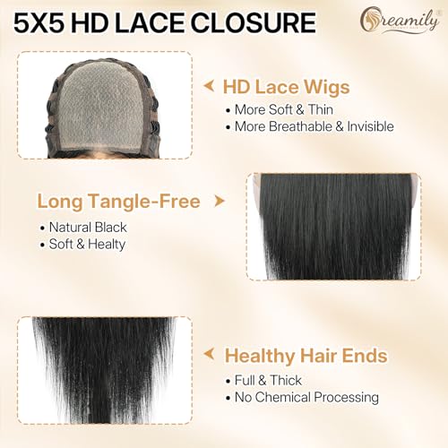 Image of Creamily 5x5 Straight Lace Front Wigs Wear and Go Glueless Wigs Pre Plucked Pre Cut Long Black Wig HD Lace Closure Wig 31 Inches Synthetic Hair Wig